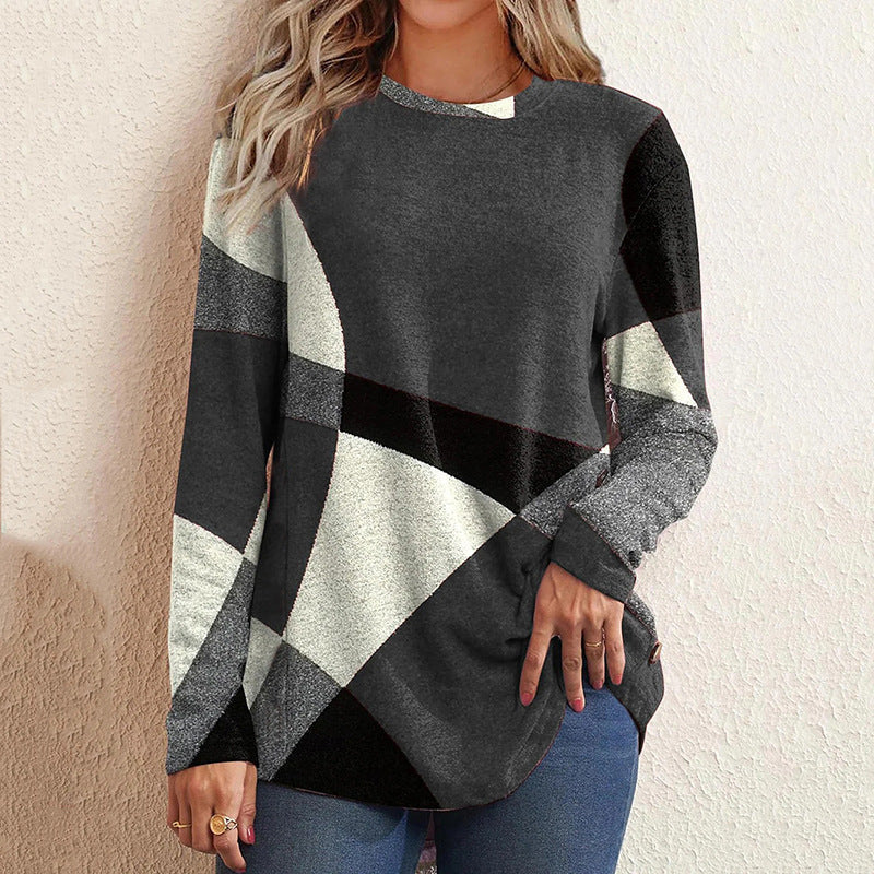 Damen nan Langarmshirt mit grafischem Print, Rundhalsausschnitt und geschwungenem Saum