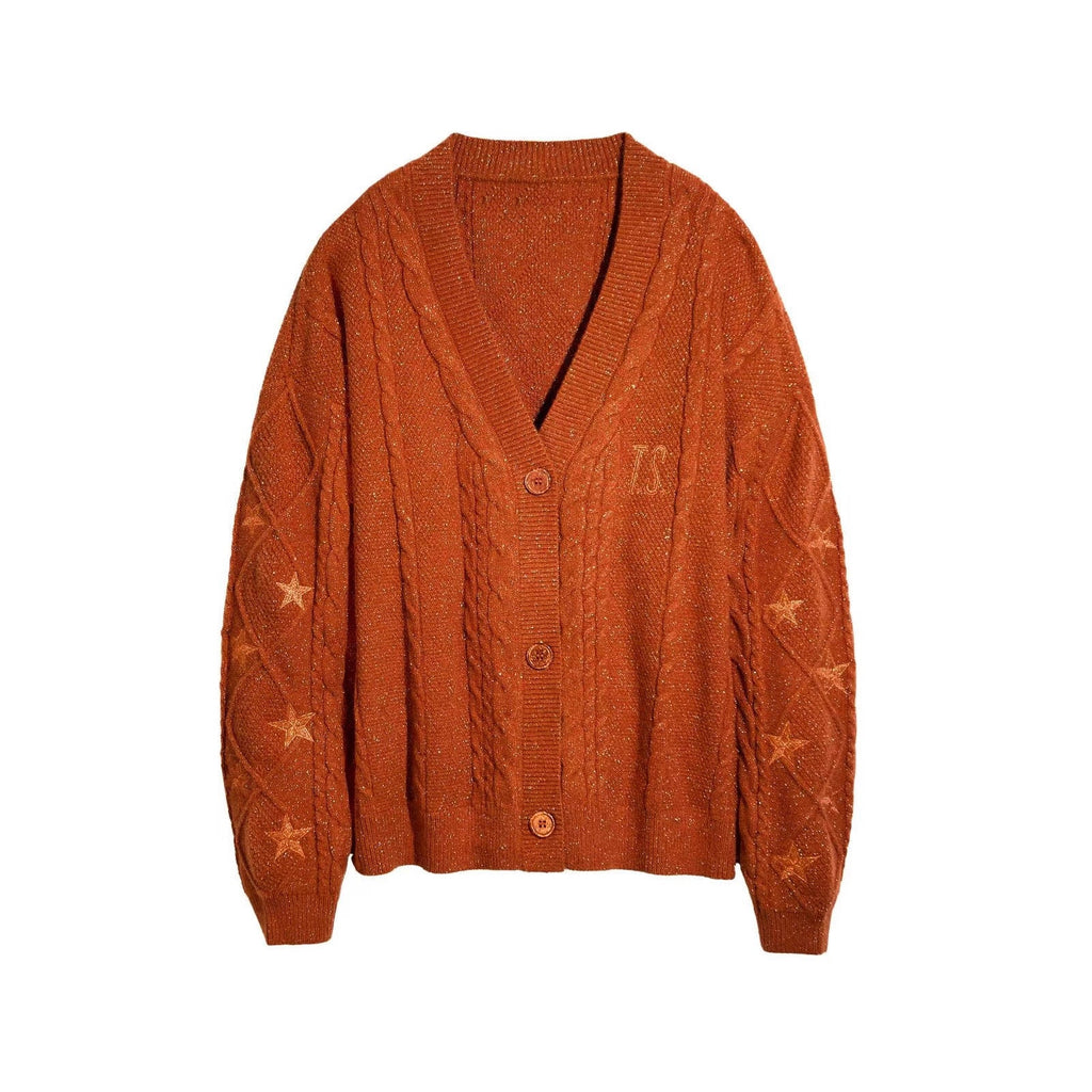 Damen nan großzügiger Grobstrick-Cardigan mit Zopfmuster, V-Ausschnitt und Sternstickereien