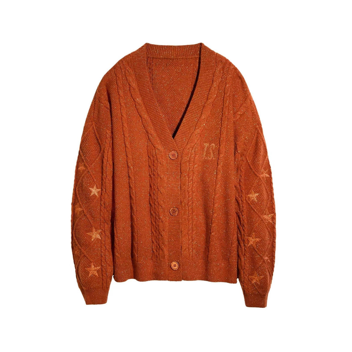 Damen nan großzügiger Grobstrick-Cardigan mit Zopfmuster, V-Ausschnitt und Sternstickereien