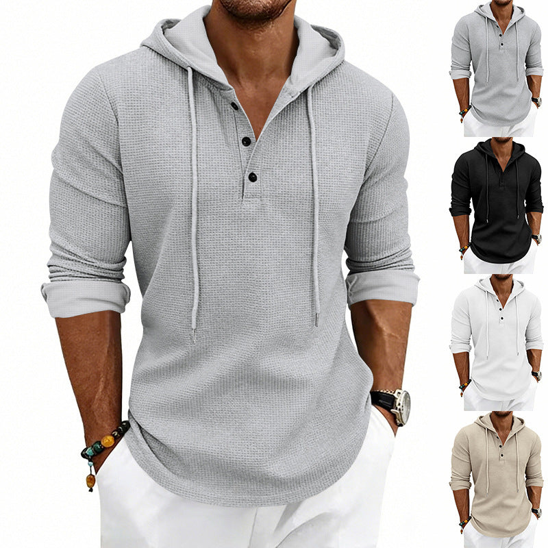 Herren nan lässiges Waffelstrick-Henley Kapuzenpullover mit Knopfleiste
