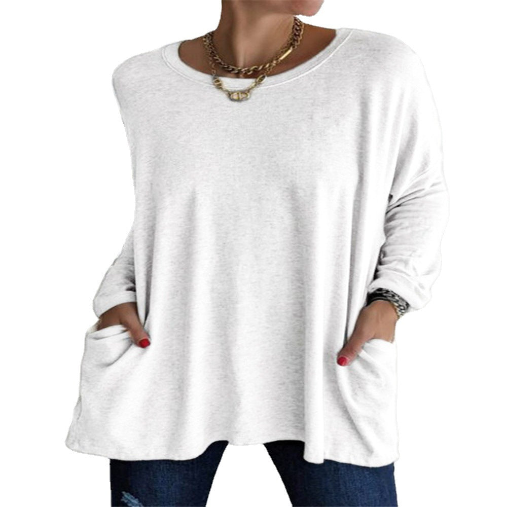 Damen nan oversized Longsleeve-Tunika mit Rundhalsausschnitt, überschnittener Schulter und aufgesetzten Taschen