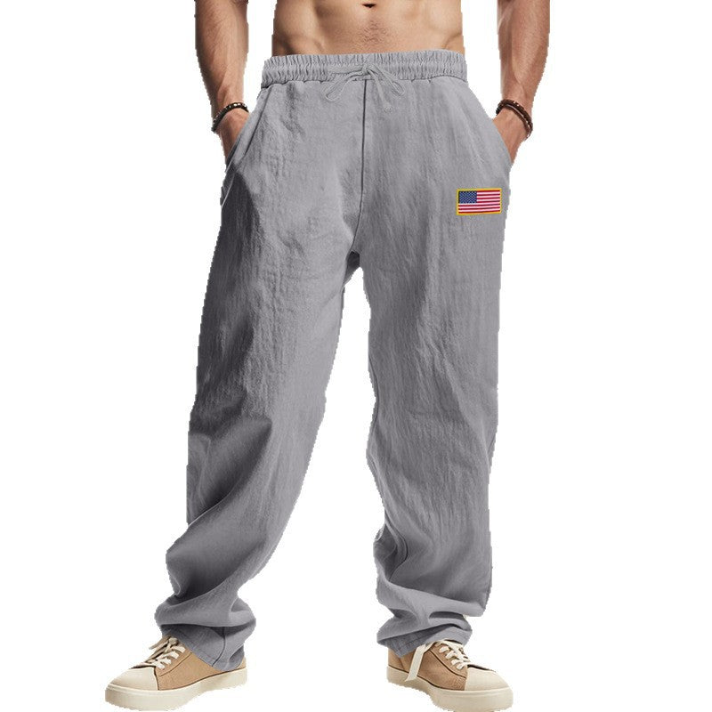 Herren nan lässige Leichtgewicht-Loungehose mit Tunnelzugbund, weitem Bein und Flaggen-Patch
