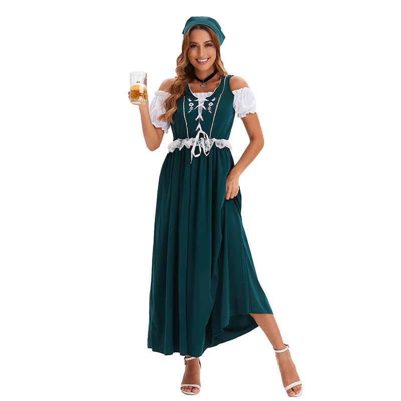 Damen nan langes Trachtenkleid im Dirndlstil mit Corsage-Schnürung und Spitzenbund