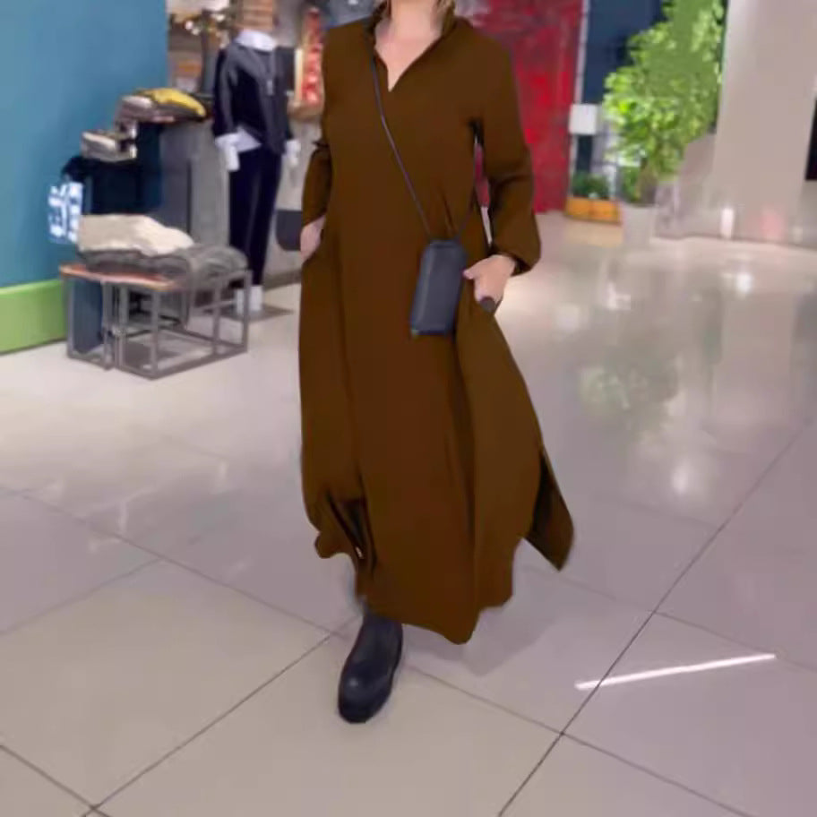 Damen nan fließendes Maxikleid mit V-Ausschnitt, kastiger A-Linie und langen Ärmeln