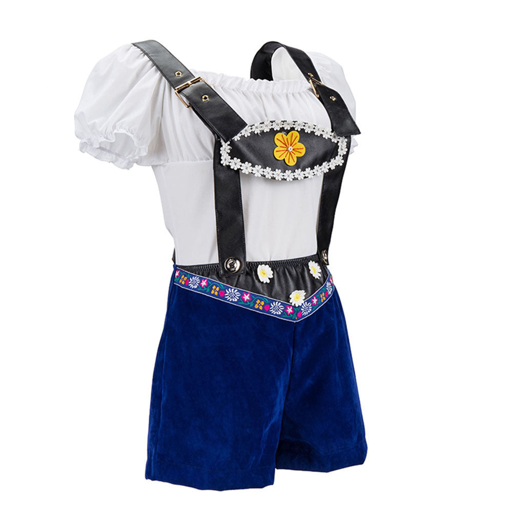 Damen nan verspieltes Latzshorts-Set mit Carmenbluse, verstellbaren Trägern und Blumenapplikation
