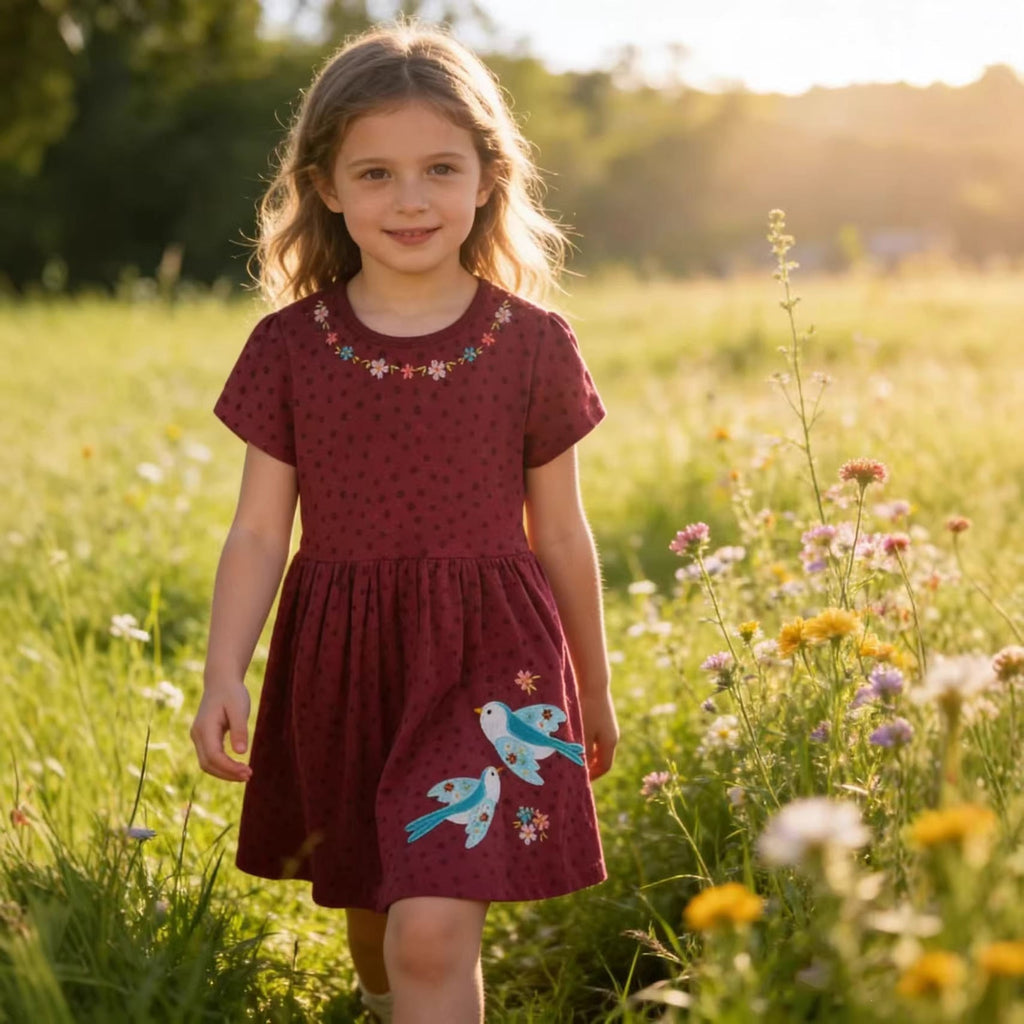 Mädchen Baumwollkleid mit süßen Vogel- und Blumenstickereien