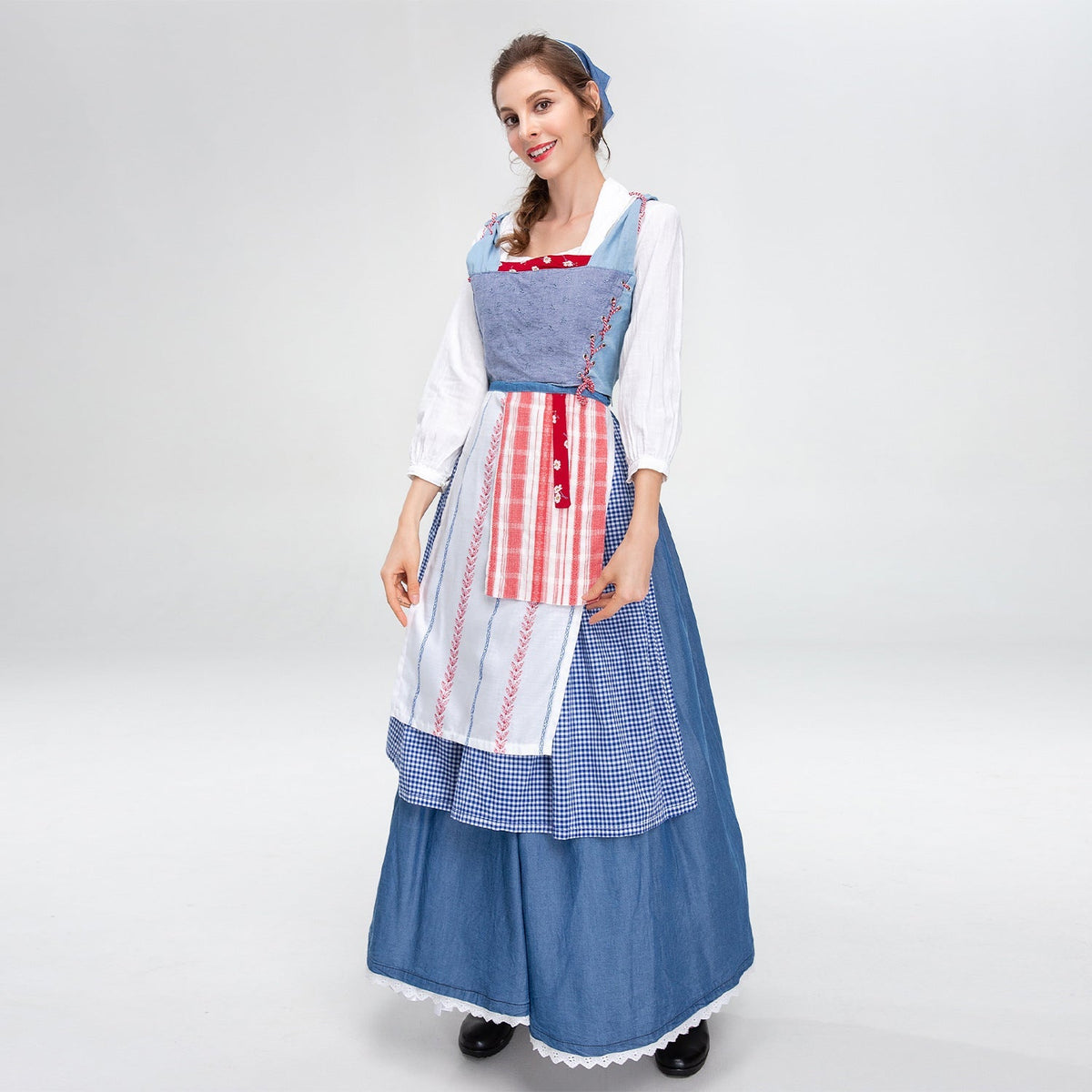 Damen nan ländliches Trachtenkleid mit Latzmieder und mehrlagiger Schürze