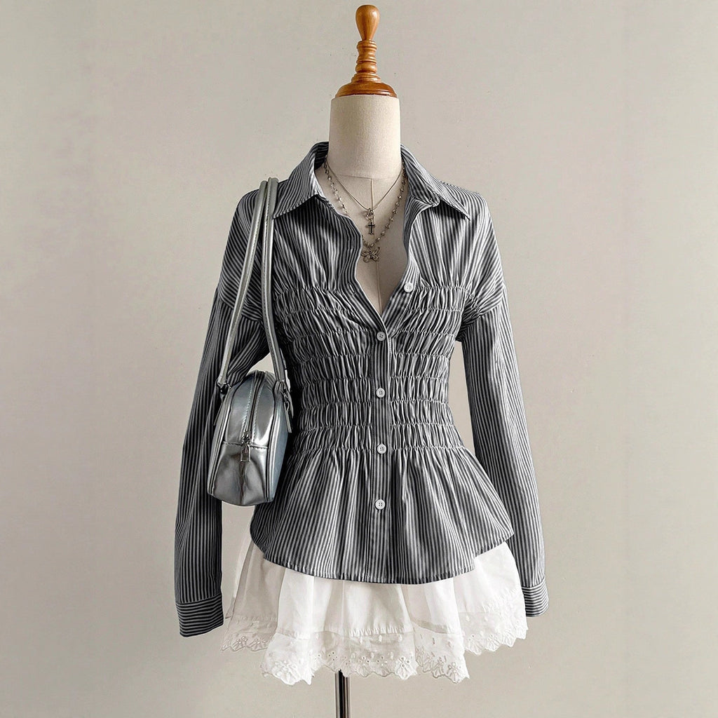 Damen nan taillierte Hemdbluse mit geraffter Brustpartie und Schößchen