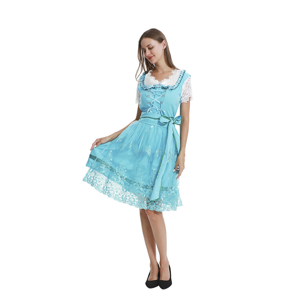 Damen nan romantisches Alpenkleid mit geschnürtem Mieder, Spitzeneinsatz und Taillenschärpe