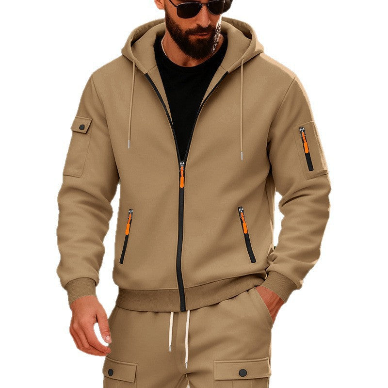 Herren nan Kapuzen-Sweatjacke mit durchgehendem Reißverschluss, mehreren Reißverschlusstaschen und Ärmel-Pocket