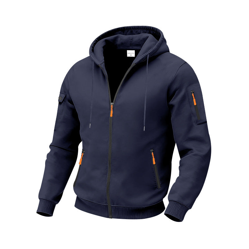 Herren nan funktionale Kapuzen-Sweatjacke mit durchgehendem Reißverschluss, Ärmeltasche und wasserabweisenden Reißverschlüssen