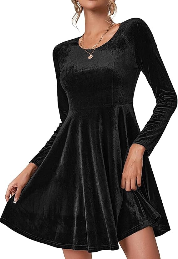 Damen A-Linien Kleid aus samtiger Qualität mit langen Ärmeln und Rundhalsausschnitt Selmira