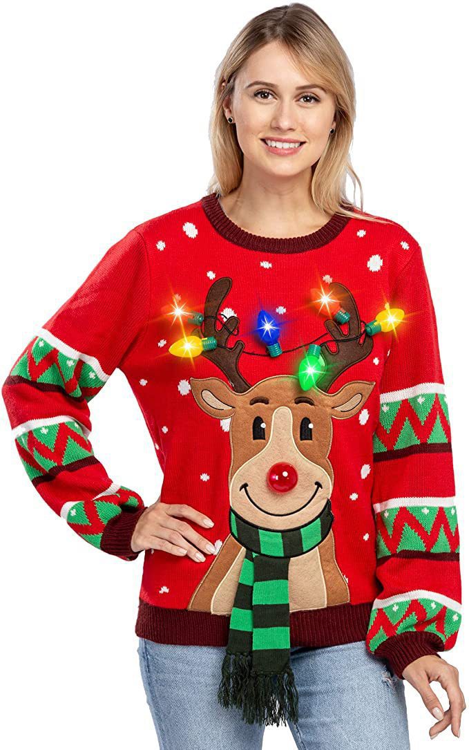 Damen nan weihnachtlicher Strickpullover mit Rentierapplikation integrierter Lichterkette und dreidimensionalem Nasenpompom