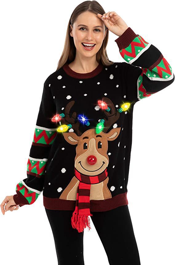 Damen nan weihnachtlicher Strickpullover mit Rentierapplikation integrierter Lichterkette und dreidimensionalem Nasenpompom