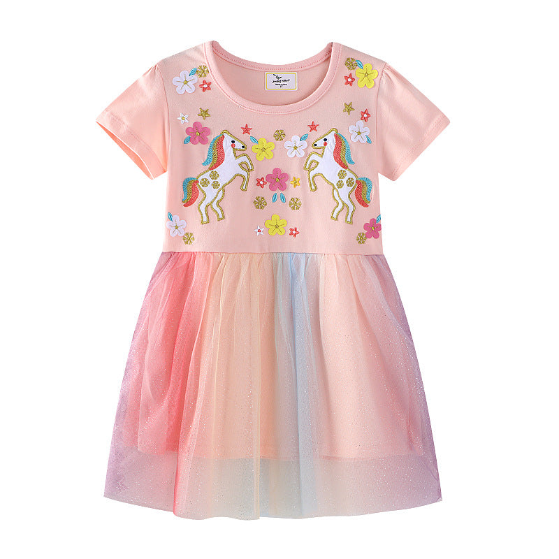 Mädchen Tüllkleid mit Einhorn-Stickerei und bunten Applikationen