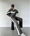 Damen nan zweiteiliges Lounge-Set mit Zip-Hoodie und weitem Highwaist-Hose mit Seitenstreifen