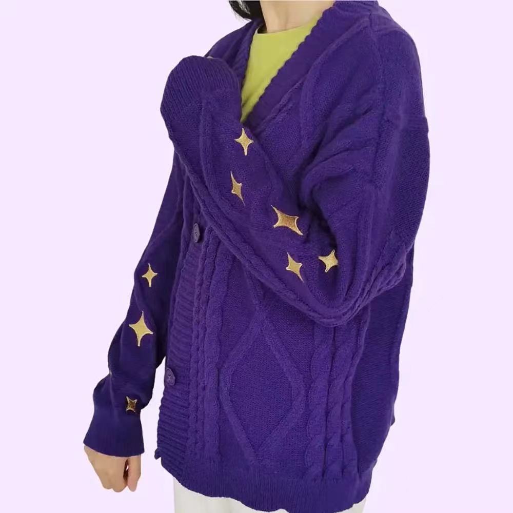 Damen nan oversize Strickcardigan mit Zopfmuster und Sternapplikationen V-Ausschnitt Knopfleiste