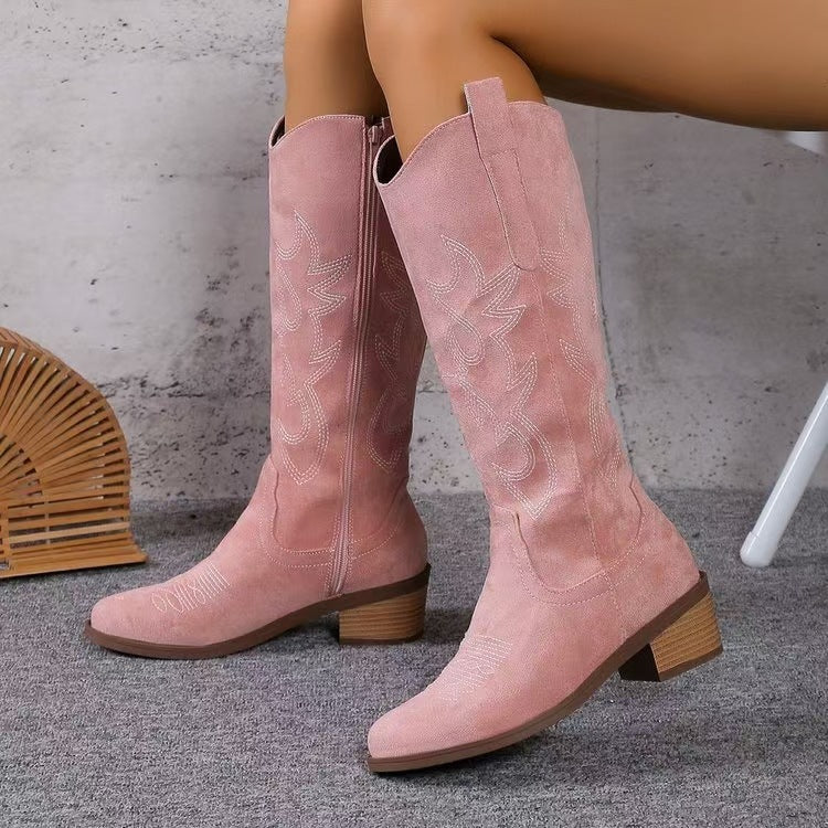 Damen nan Kniestiefel im Westernstil mit mittelhohem Blockabsatz seitlichem Reißverschluss und gesticktem Wildlederfinish