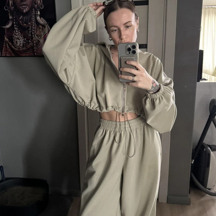 Damen nan kurzes Reißverschluss-Cropped-Hoodie und weitgeschnittene Highwaist-Loungehose Set