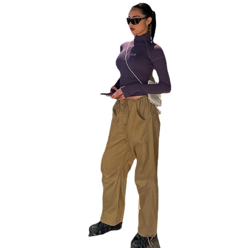 Damen nan figurbetontes Langarm-Zip-Top mit tiefem V-Ausschnitt und elastischem Funktionsstretch