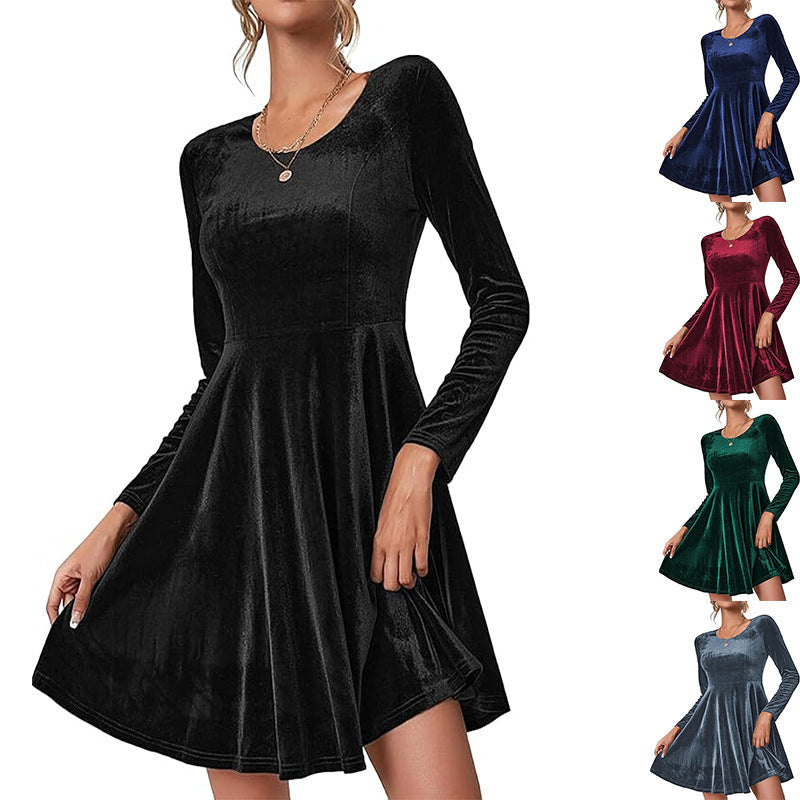 Damen A-Linien Kleid aus samtiger Qualität mit langen Ärmeln und Rundhalsausschnitt Selmira