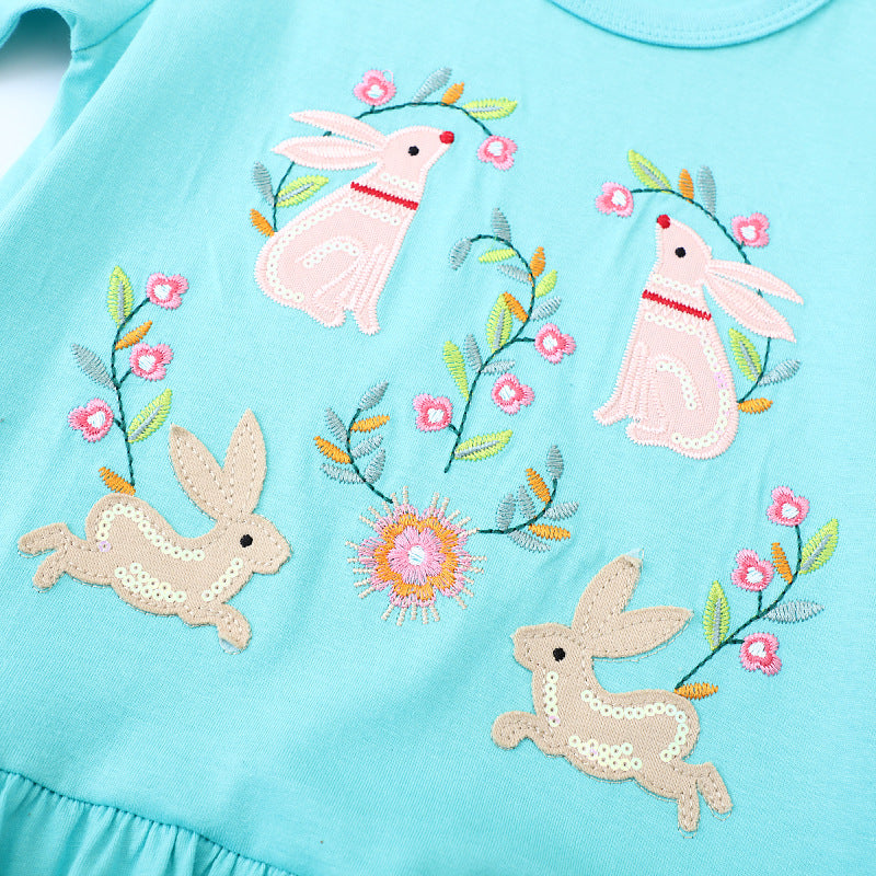 Mädchen Langarmkleid mit zauberhaften Hasen- und Blumenstickereien
