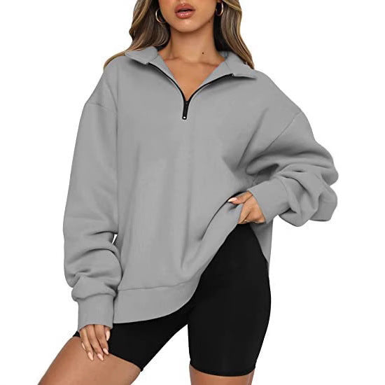 Damen nan oversized Sweatshirt mit halbem Reißverschluss, Stehkragen und überschnittener Schulter