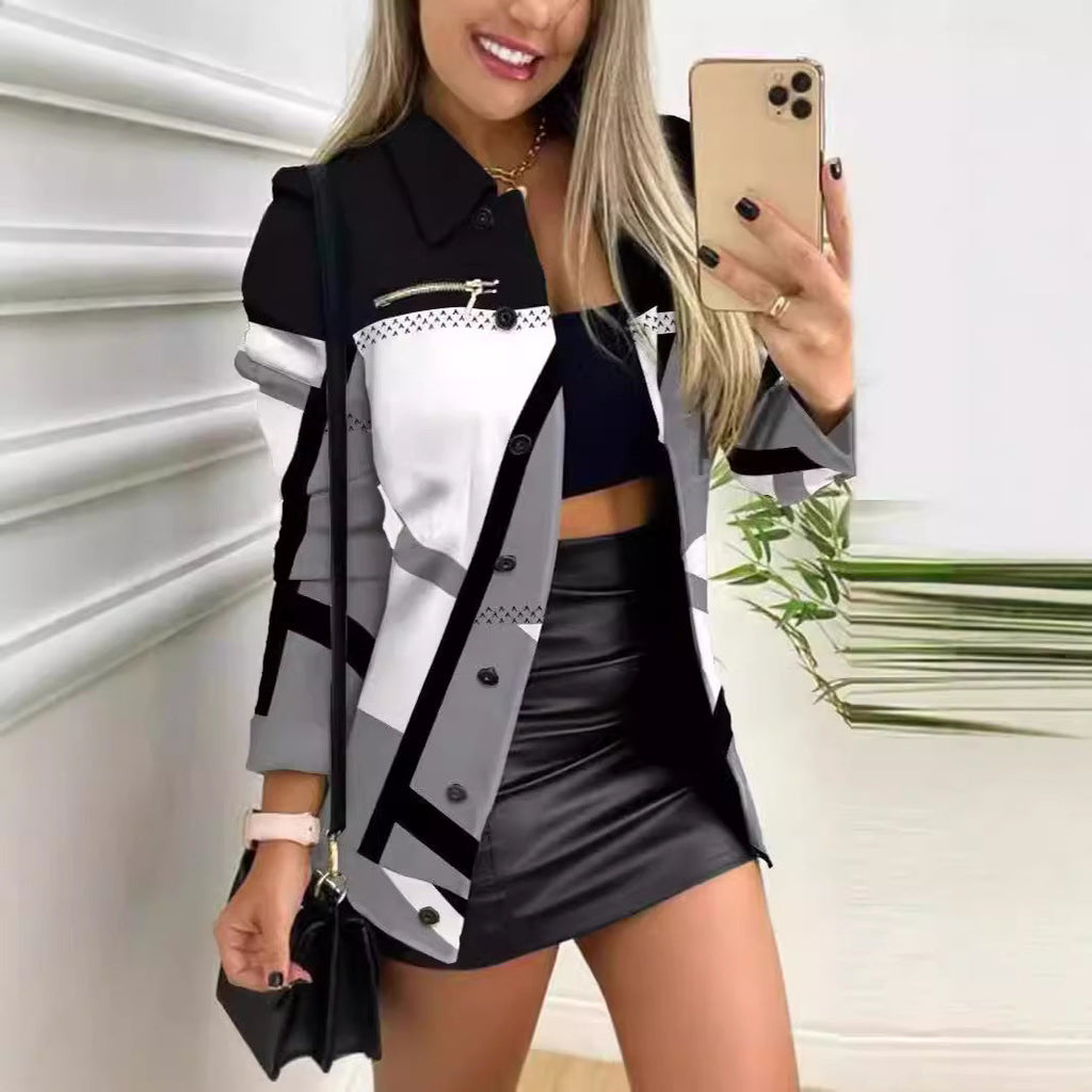 Damen nan gemusterter Blazer mit geometrischem Print, Reißverschlusstasche und durchgehender Knopfleiste