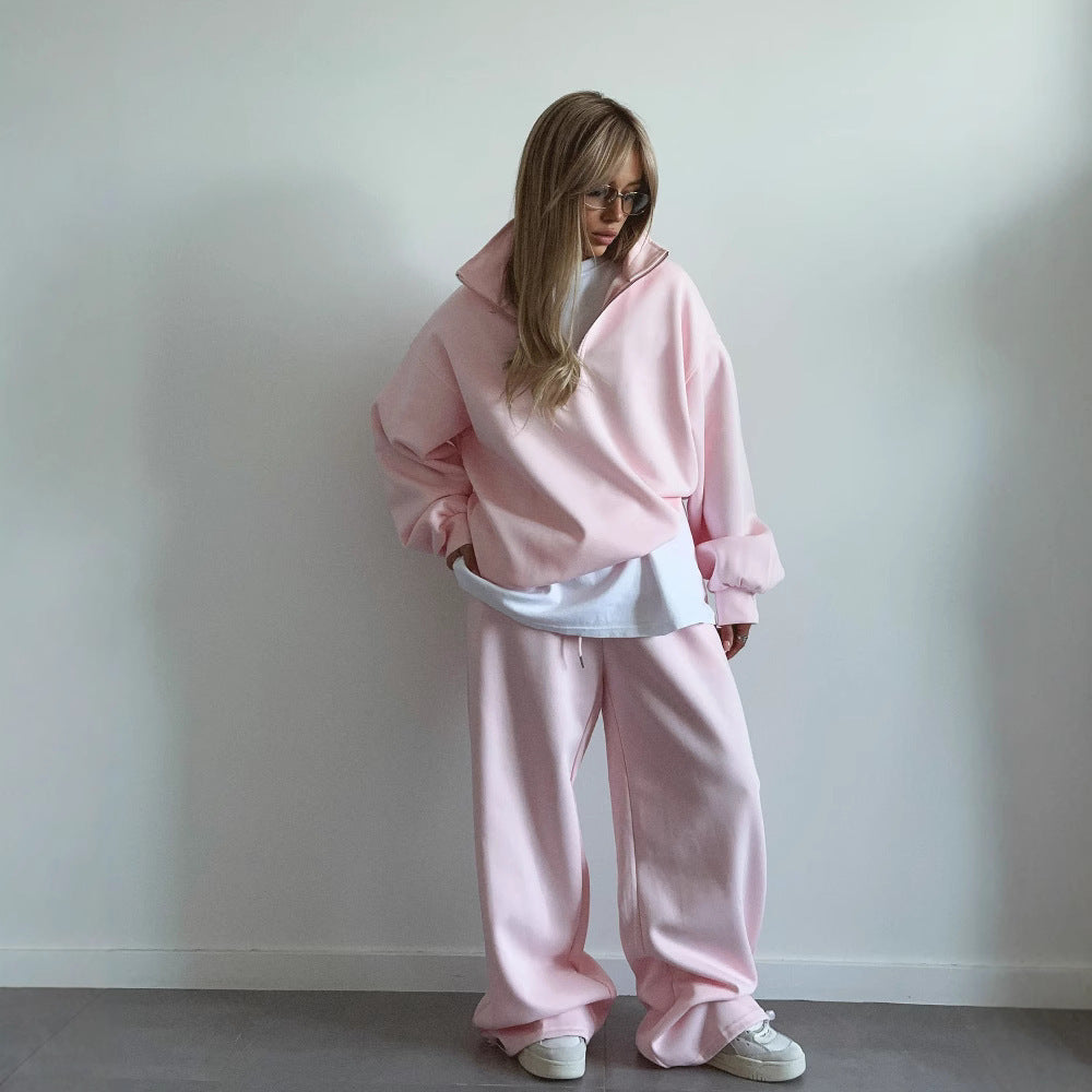 Damen nan Oversize Halbzip-Pullover mit Stehkragen und weitem Lounge-Hose-Set