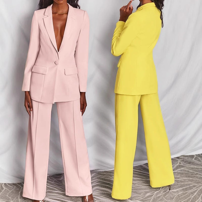 Damen nan taillierter Ein-Knopf-Blazer mit Pattentaschen und weiter Palazzo-Hose Hosenanzug
