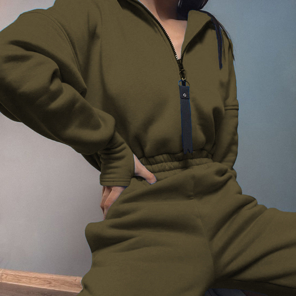 Damen nan kurzes Halbzip-Loungewear-Set mit elastischem Taillenbund und oversized Schnitt