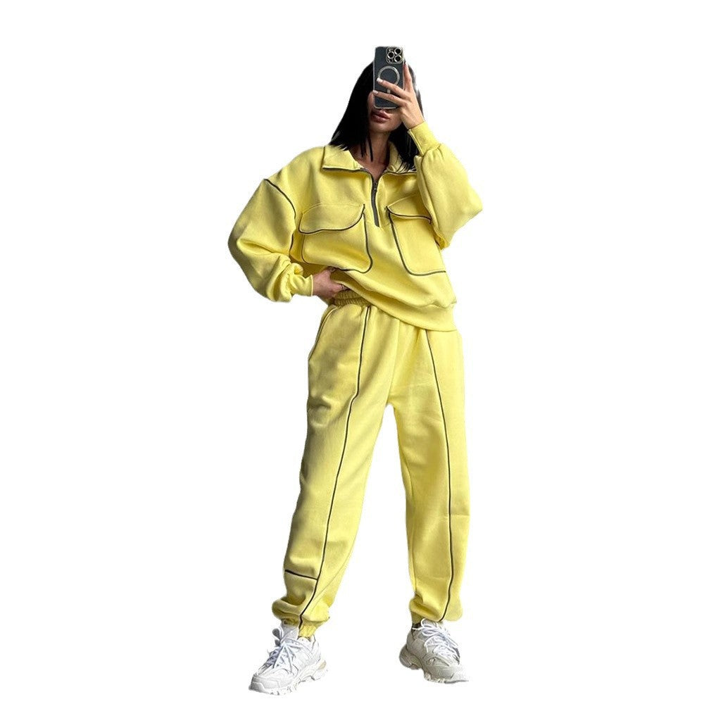 Damen nan Oversize Halbzip-Sweatshirt mit aufgesetzten Klappentaschen und Kontrastpaspeln