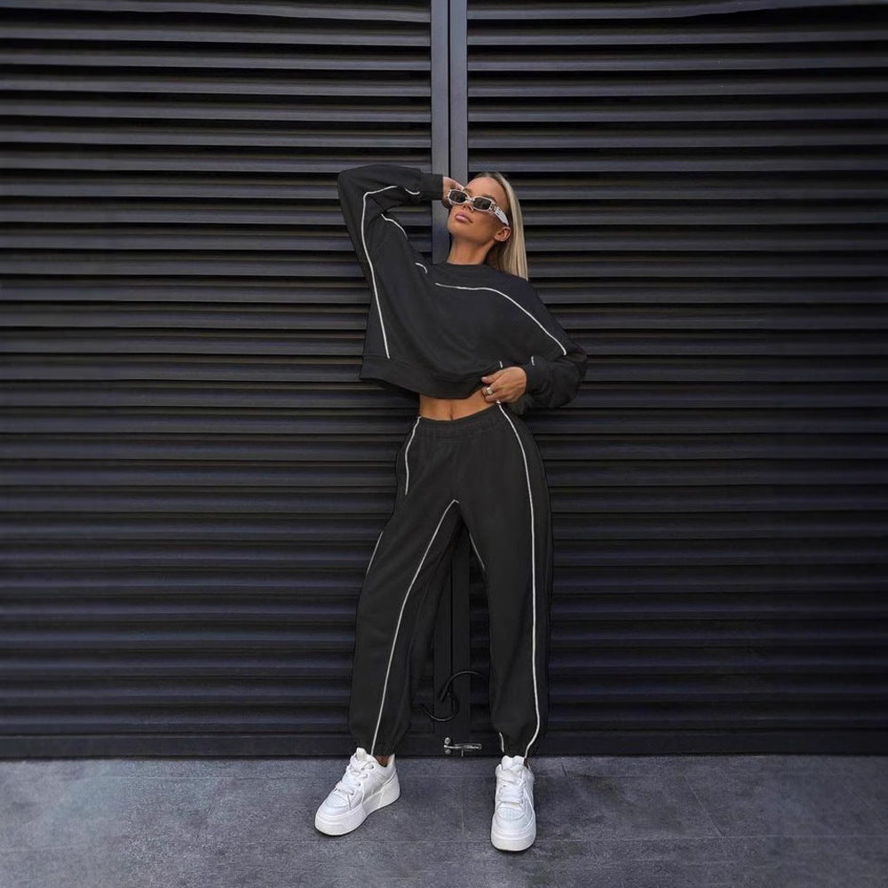 Damen nan kurzes Crop-Sweatshirt und lässige Jogginghose mit kontrastierenden Paspeln