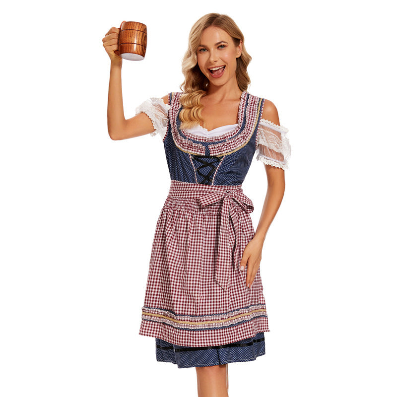 Damen nan traditionelles Dirndlkleid mit kariertem Schürzenrock, Schnürung und Spitzenärmeln