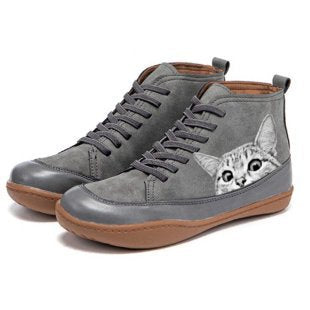 Damen nan knöchelhohe Sneaker mit niedlichem Katzenmotiv Stickerei und ergonomischem Komfortfußbett