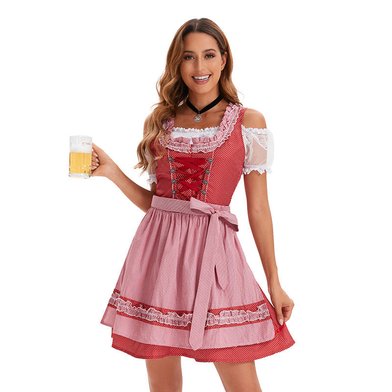 Damen nan kurzes traditionelles Dirndlkleid mit Korsett-Schnürung Spitzendetails und bindbarer Schürze