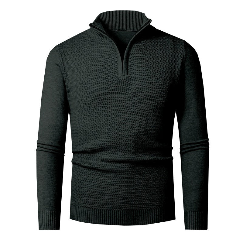 Herren nan Feinstrick-Halbzip-Pullover mit strukturierter Wellenoptik und Stehkragen