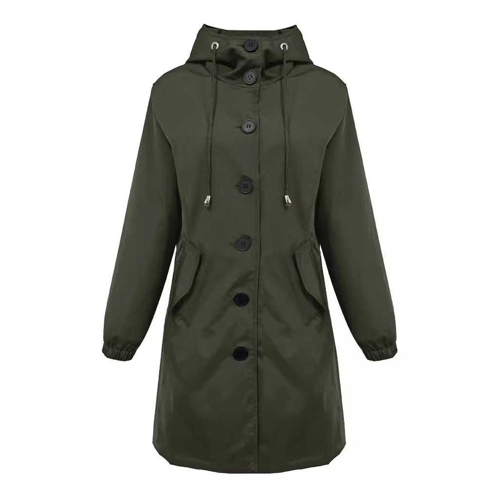 Damen nan leichter Regenparka mit Kapuze, überlanger Knopfleiste, Tunnelzug und aufgesetzten Taschen