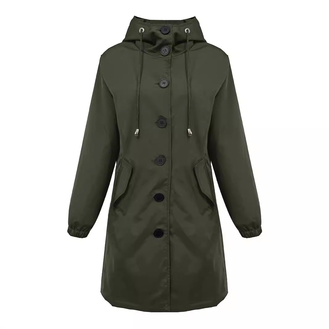 Damen nan leichter Regenparka mit Kapuze, überlanger Knopfleiste, Tunnelzug und aufgesetzten Taschen
