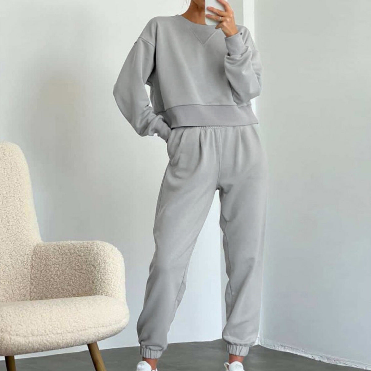 Damen nan Cropped-Sweater-Set mit V-Nahtdetail und hoher Taille Jogginghose