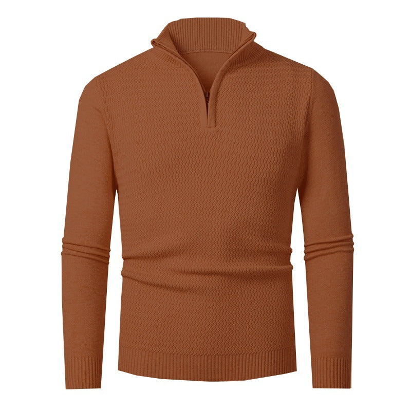 Herren nan Feinstrick-Halbzip-Pullover mit strukturierter Wellenoptik und Stehkragen