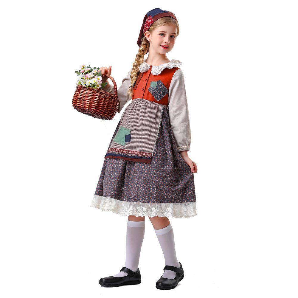 Damen nan vintageinspiriertes Rüschenkleid mit abnehmbarer Schürze und Spitzenbesatz