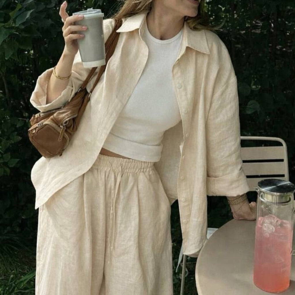 Damen nan luftiges Leinen-Loungeset mit Oversize-Hemd und weiter Bundhose mit Gummizug