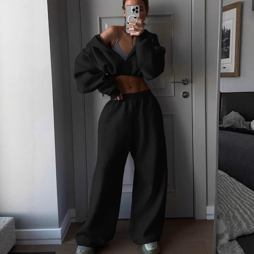 Damen nan kurzes Zip-Hoodie Cropped Sweatshirt mit Kordelzug, angesetzten Ballonärmeln und elastischem Saum