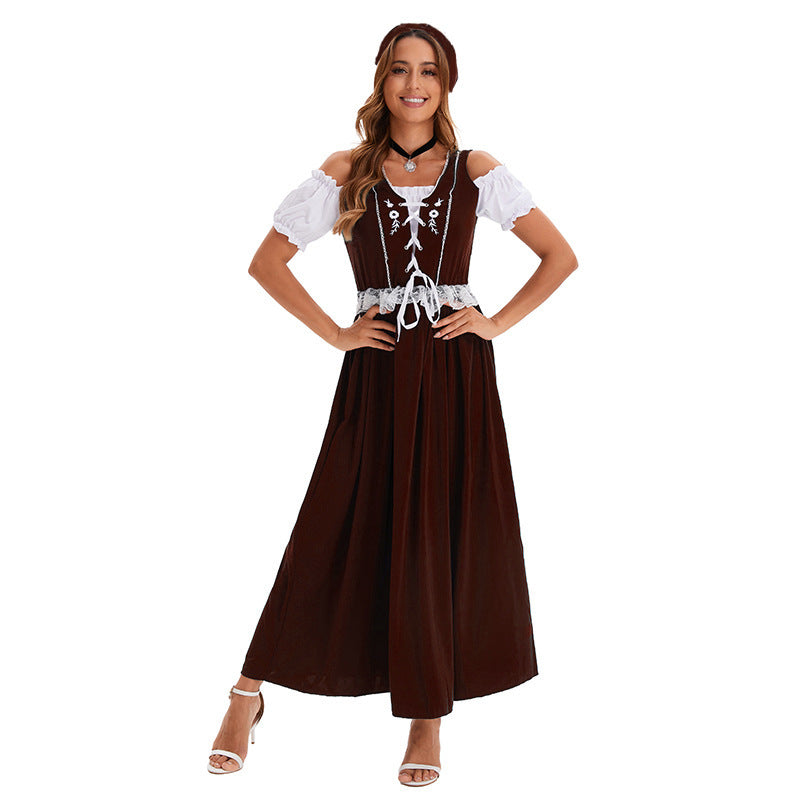 Damen nan langes Trachtenkleid im Dirndlstil mit Corsage-Schnürung und Spitzenbund