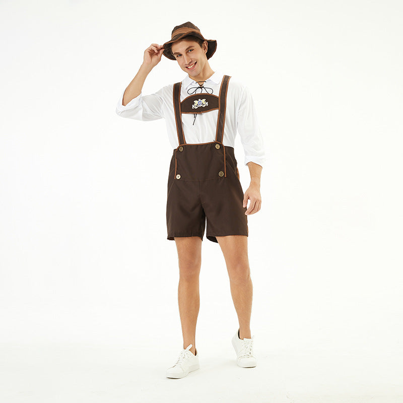 Herren nan traditionelle Kurzlederhose mit verstellbaren Trägern und dekorativem Brustlatz
