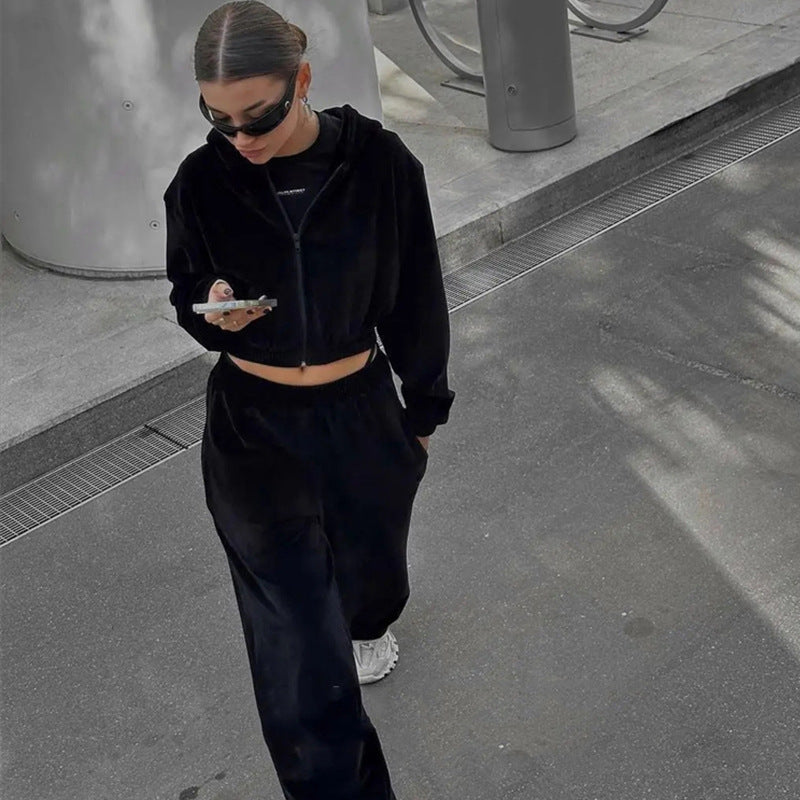 Damen nan Samt-Trainingsanzug zweiteilig mit cropped Kapuzenjacke und hoher Taille Jogginghose