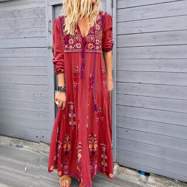 Damen nan besticktes Maxikleid mit langen Ärmeln, Quastenverschluss und folkloristischer Stickerei