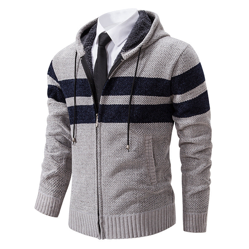 Herren nan gestrickte Kapuzenjacke mit Teddyfutter, verdecktem Reißverschluss und kontrastreifen