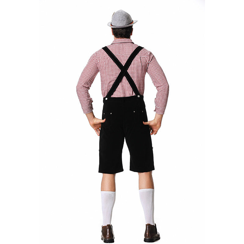 Herren nan authentische Trachten-Kniundhose aus wildlederähnlichem Material mit verstellbaren Trägern und besticktem Brustlatz